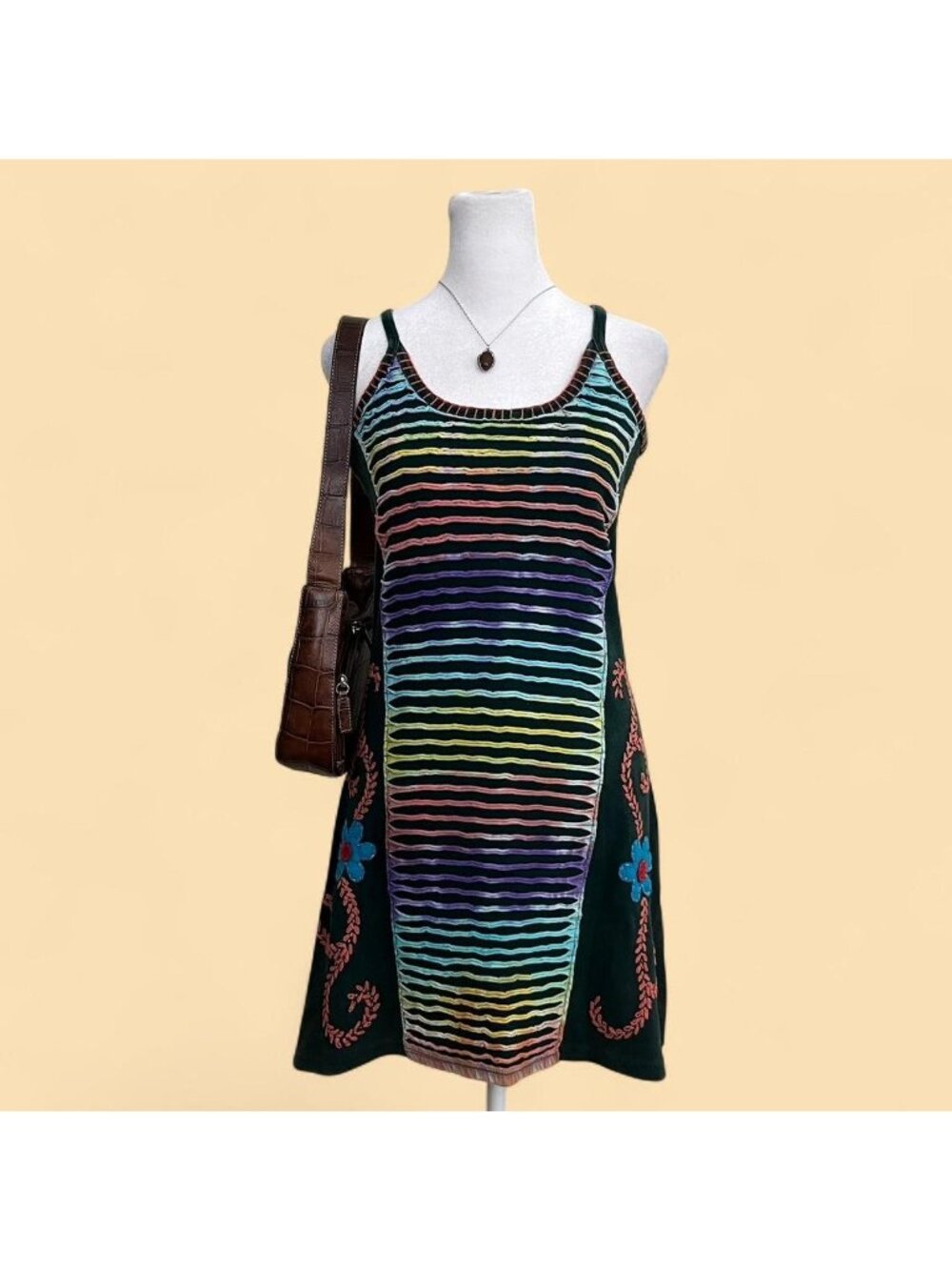 green rainbow patchwork hippie boho granola cami dress